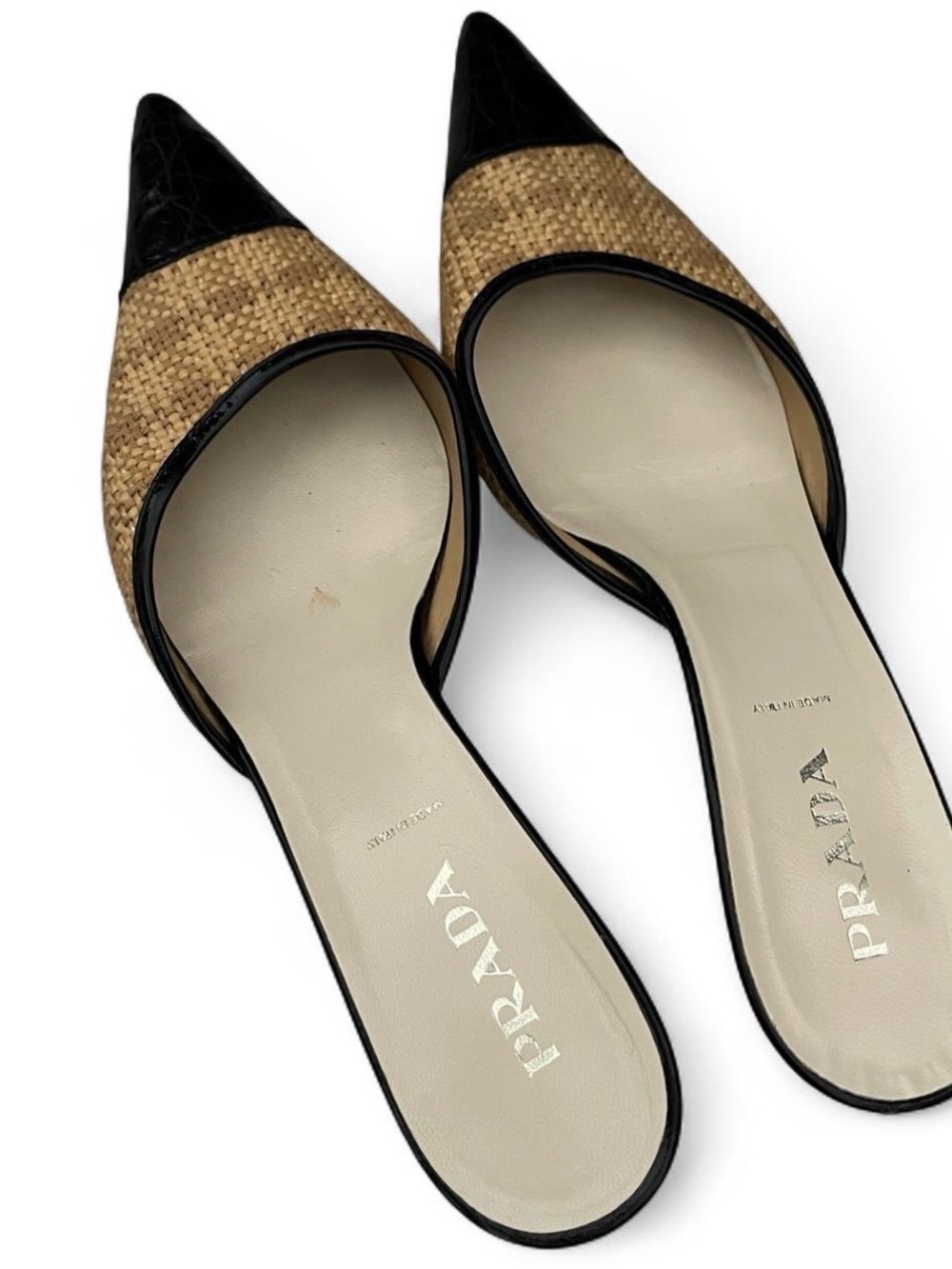 Prada Paolia Cocco Mule Kitten Heels Natural Raffia Woven Y2K Size 39.5